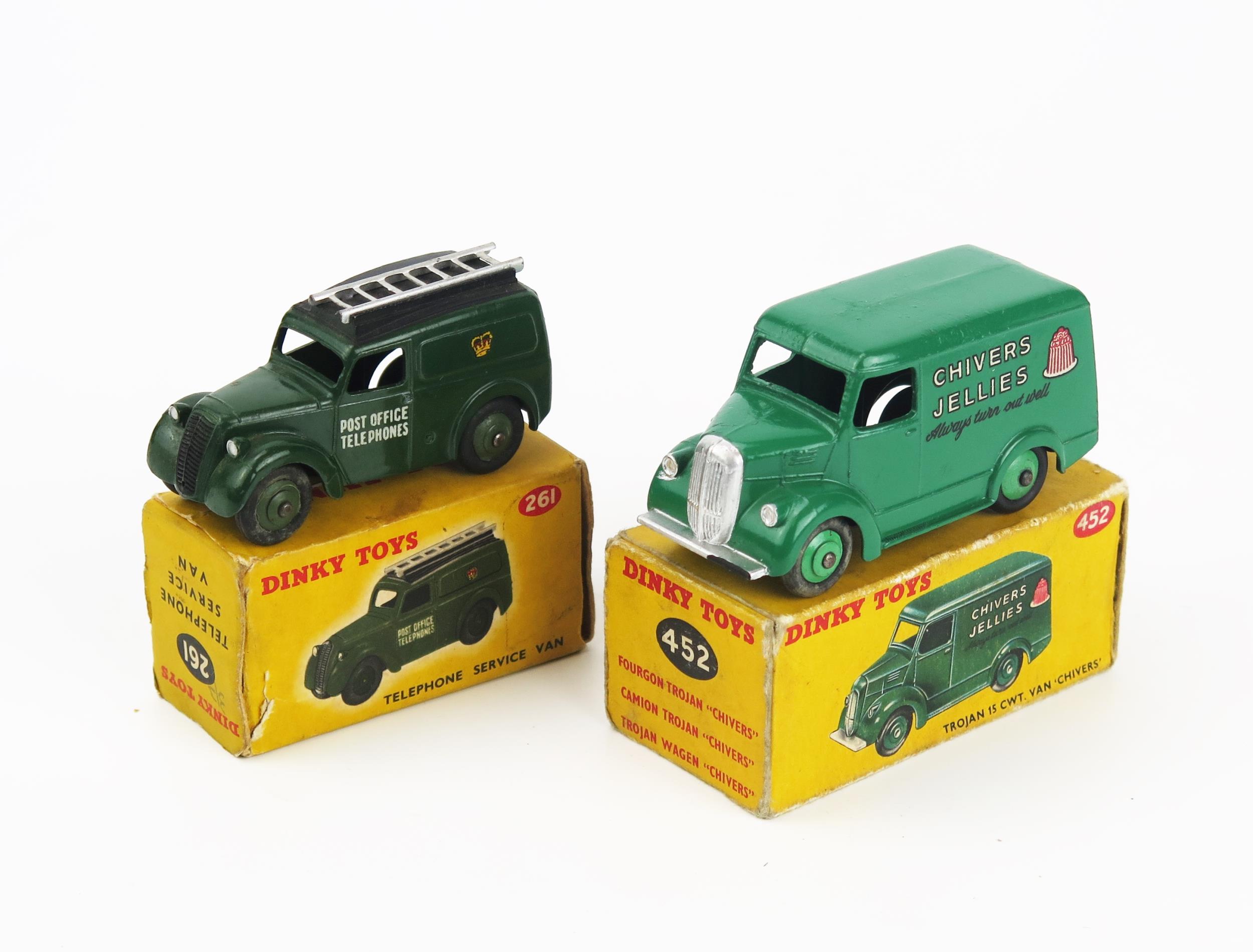 Dinky Van Pair - (1) 261 Telephone Service Van - very dark green body and ridged hubs, (2) 452