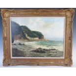 J H Blunt 93, Clovelly from the east, oil on canvas, gilt framed, 66x54cm including frame