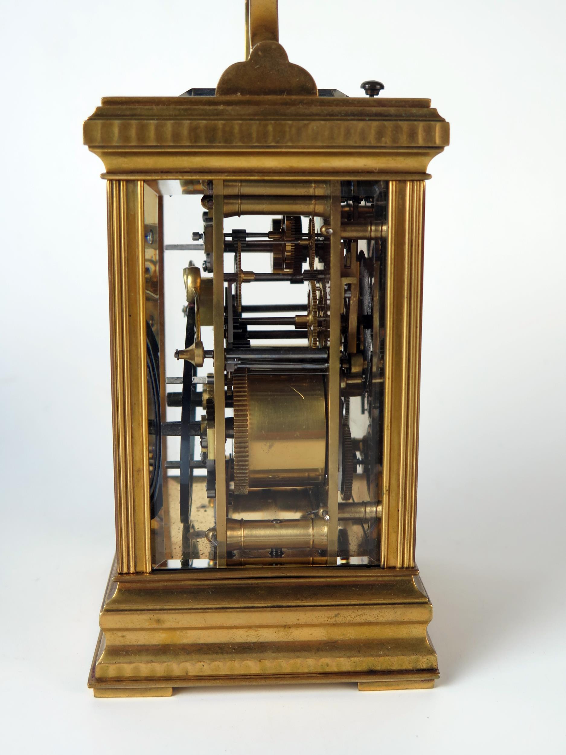 A late 19th century French brass carriage clock, with 8cm Roman dial with subsidiary alarm dial, the - Image 3 of 6