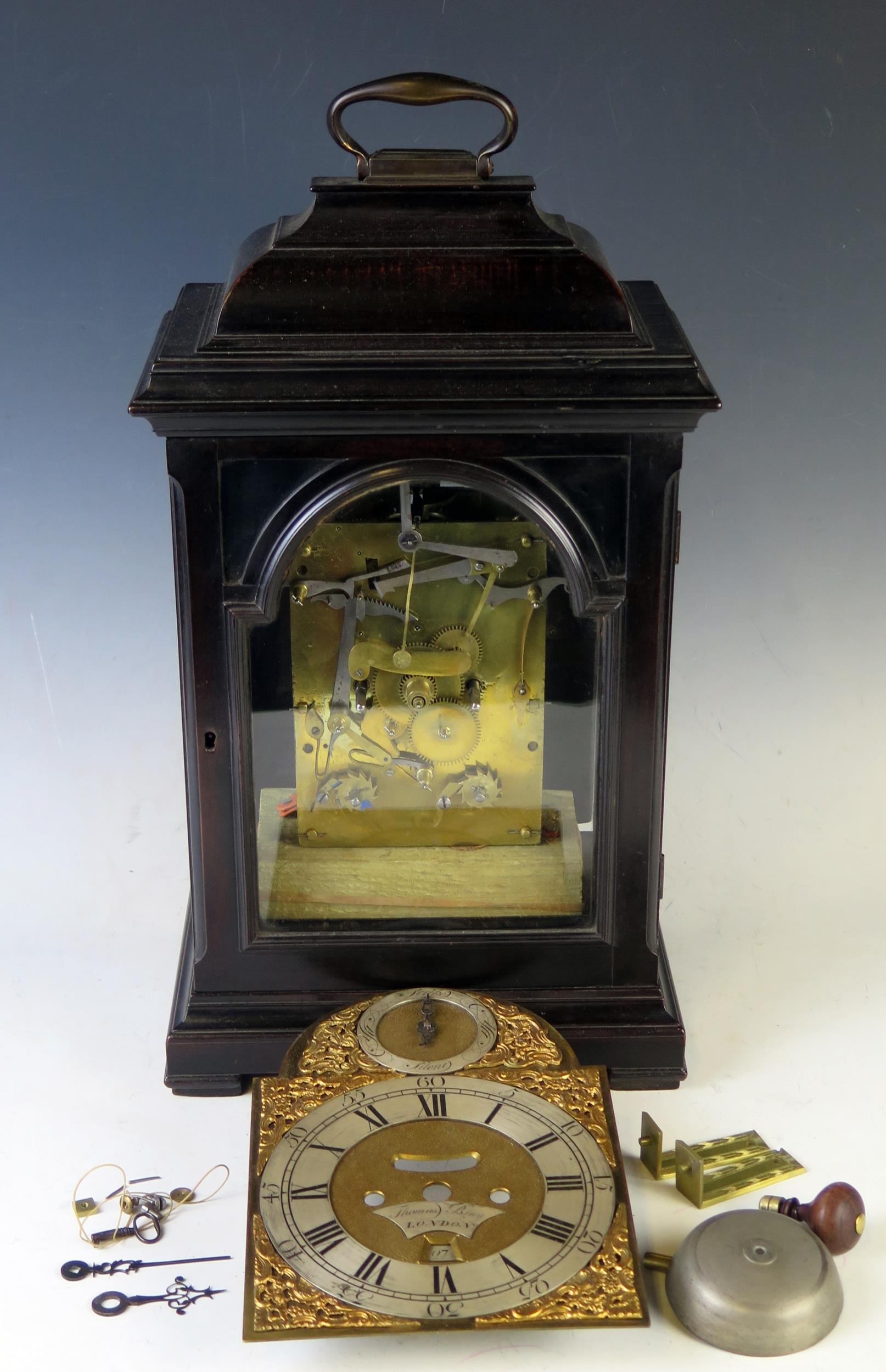 Thomas Bray, London, a mid 18th century ebonised bracket clock, the case with inverted bell top - Image 10 of 10