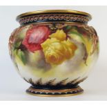 Royal Worcester Hadley Ware Jardinière, decorated with roses, green mark, impressed mark F.Q, red