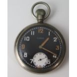 A Damas Military Keyless Pocket Watch with black dial, the 52mm case with back marked with crow's