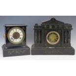 A late Victorian polished slate and marble mantel clock of architectural form, with 9.5cm slate dial