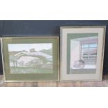Two polychrome printed linen panels, 'Landscape' and 'View from a Window', both framed and glazed.30