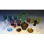 A collection of 19th century and later drinking glasses including rummers, wine glasses, tumblers,