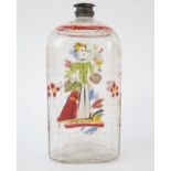 An 18th century Dutch clear glass and hand painted flask, of rectangular form with canted corners,