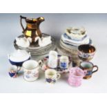 A collection of late 19th and 20th century transfer print plates, a lustre cordial jug, and