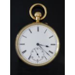 A Large Victorian 18ct Gold Open Dial Keyless Pocket Watch, the 55.5mm case with enamel dial