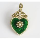 A Victorian Green GuillochÃ© Enamel and untested Pearl Heart Shaped Pendant Brooch in an unmarked