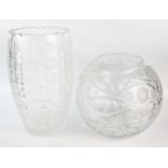 A large clear glass vase of ovoid form, with banded stellar, palmette and hobnail decoration, 30cm
