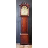 A 19th century oak and crossbanded longcase clock, the hood with arched broken swan neck pediment,