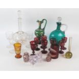 A collection of assorted continental glass wares including ruby glass liqueur tots, etched glass