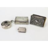 A collection of silver wares, includes matchbox holders, locket and scent bottle