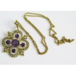 An Amethyst and untested Pearl Pendant in an unmarked high carat gold setting and on a 15.5" (
