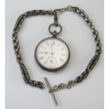 A .800 Silver Cased Open Dial Pocket Watch (48mm diam.) and fancy white metal Albert with T-bar.