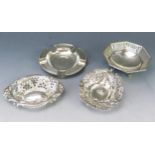 A mixed collection of silver wares, various makers and dates, includes three bon bon dishes and an