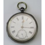 A gent's silver cased open faced pocket watch with Roman dial and subsidiary seconds dial, 50mm case