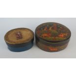 A Kashmir papier mache and lacquered oval box and cover, the lid decorated with a hunting scene, the