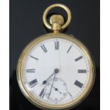 A Victorian 18ct Gold Open Dial Keyless Pocket Watch with push button time set. The 50mm case with