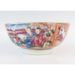 A Chinese export porcelain bowl, decorated with figures in garden landscapes, 23cm diameter, a/f.
