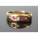 An Antique Ruby and Diamond Five Stone Ring, Chester 1908, maker J.H.W. or J.W.W.. size J.5, 2.1g