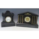 A late Victorian polished slate mantel clock of architectural outline, with 9.5cm ivorine dial the