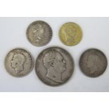Two George III Silver Sixpences 1787 & 1820, William IV silver half crown 1834 and two William IV
