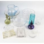 A mixed collection of glass wares including fruit bowls, scent bottles, pen tray, inkwell, cordial