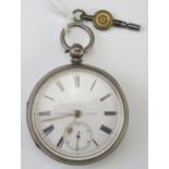 A late Victorian silver cased gents open faced pocket watch, with 45mm enamel Roman dial with