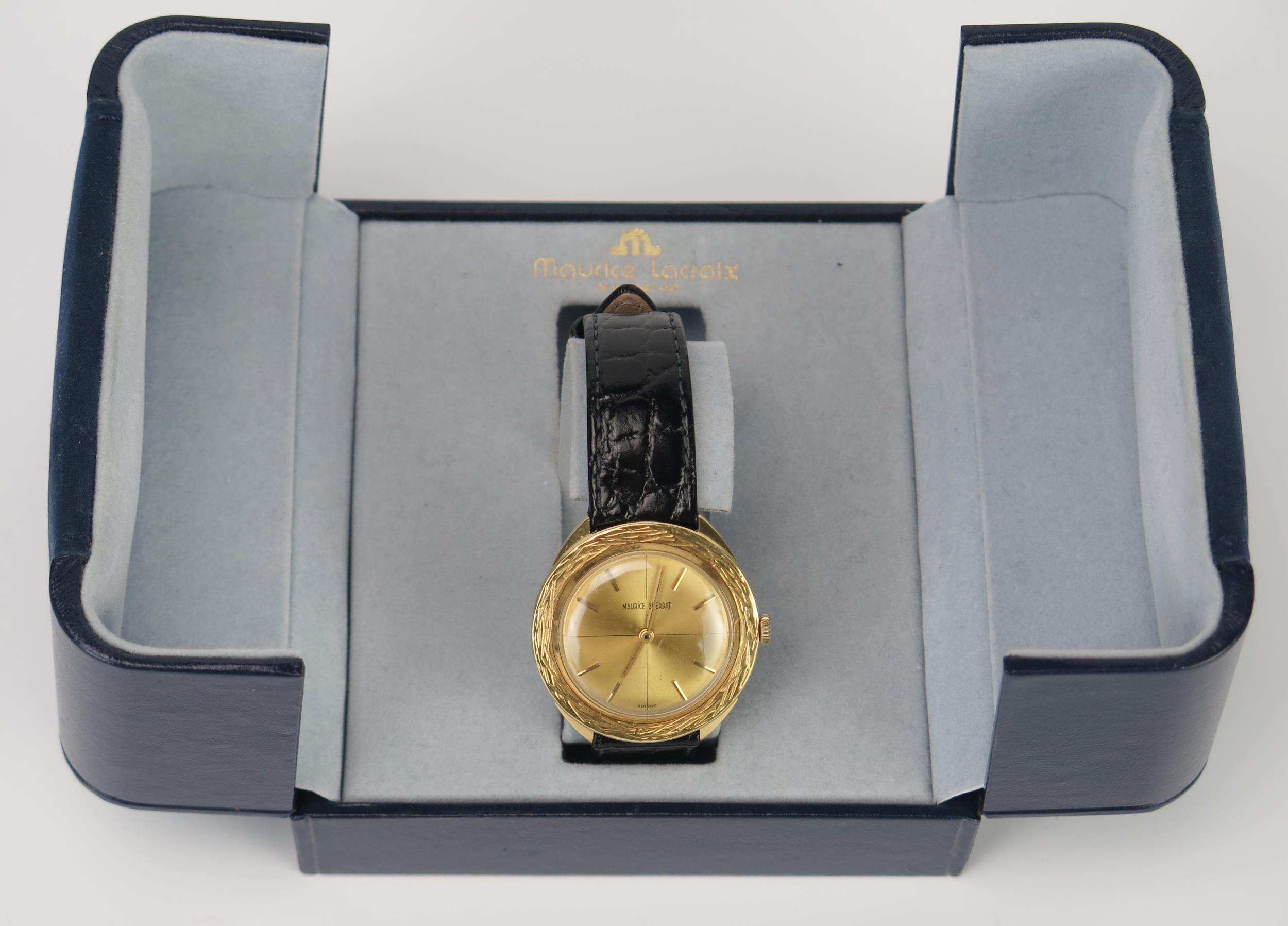 A Maurice Lacroix 18ct Gold Gent's Wristwatch, 34mm diam., manual wind and boxed. Running