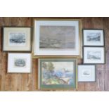 Six assorted polychrome engravings of views of Sidmouth, various sizes together with a watercolour