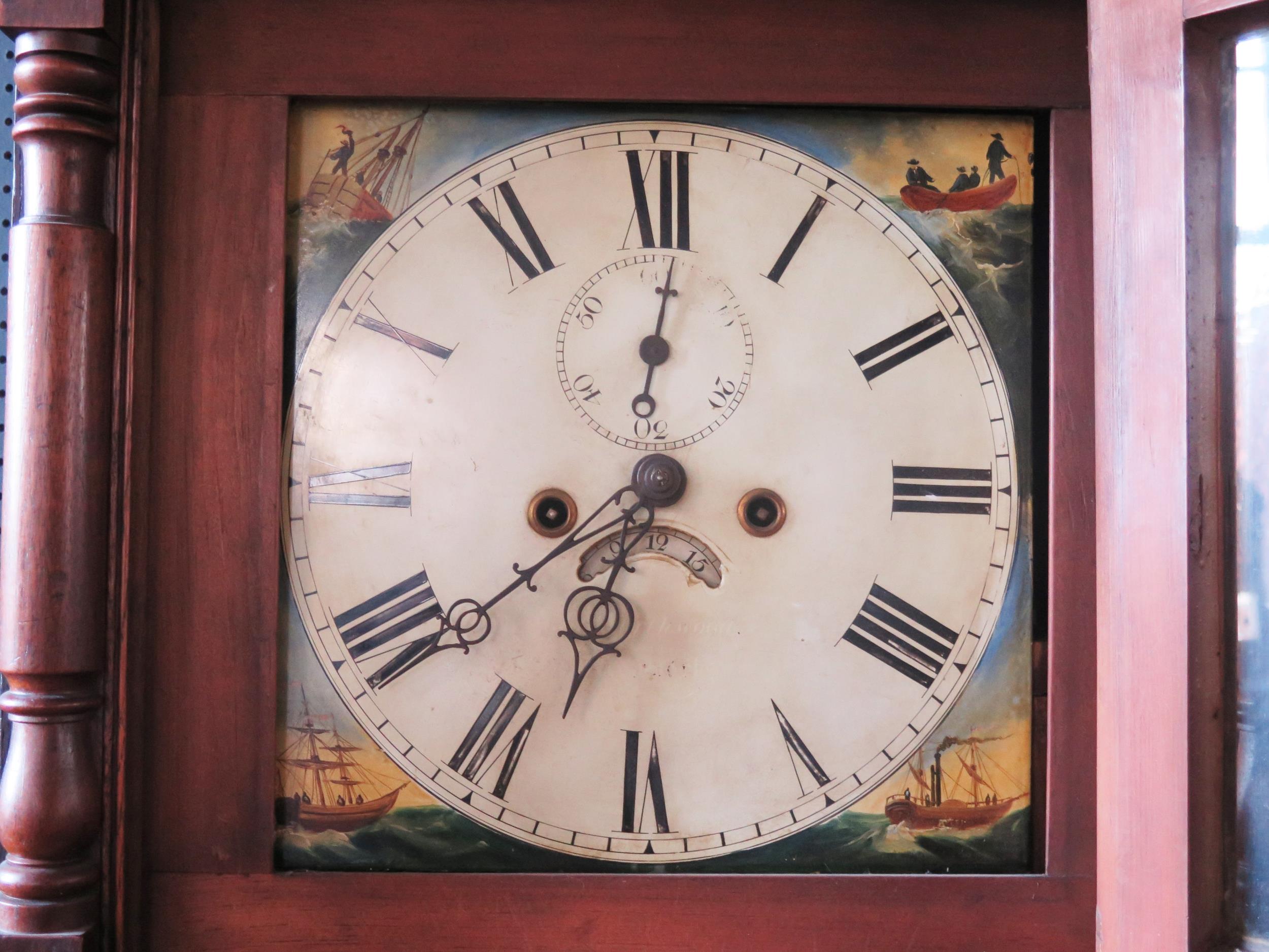 An early 19th century mahogany, oak and crossbanded longcase clock, the arched hood with broken swan - Image 2 of 2