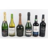 Six assorted bottles of wines and port including Fonseca Port 1985, Chevalier de Fauvert Chardonnay,