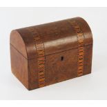A Victorian dome top walnut and burr wood caddy with parquetry inlay, 20cm wide