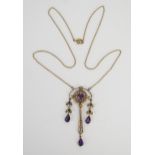 A 9ct Gold, Amethyst and Seed Pearl Pendant (untested) on an integral 16.25" chain, c. 54mm drop,