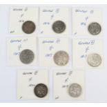 Two x 1787 shillings, three x 1816 shillings and two x 1817 and 1820 shillings.