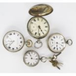 Four Silver Cased Pocket Watches and various keys. A/F