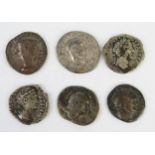 Six x Roman denarius, Antoninus Pius, Vespasian x two, Maxiamanus, Faustina plus one (holed).