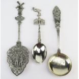 A Dutch silver spoon, with pierced shovel-shaped blade decorated with cavaliers, on a knopped stem