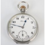A Record Silver Cased Open Dial Keyless Pocket Watch, 49mm case, Birmingham 1927. Winds, balance