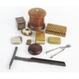 A collection of assorted collectables including Tartan ware snuff box, 9cm long, a treen jar and