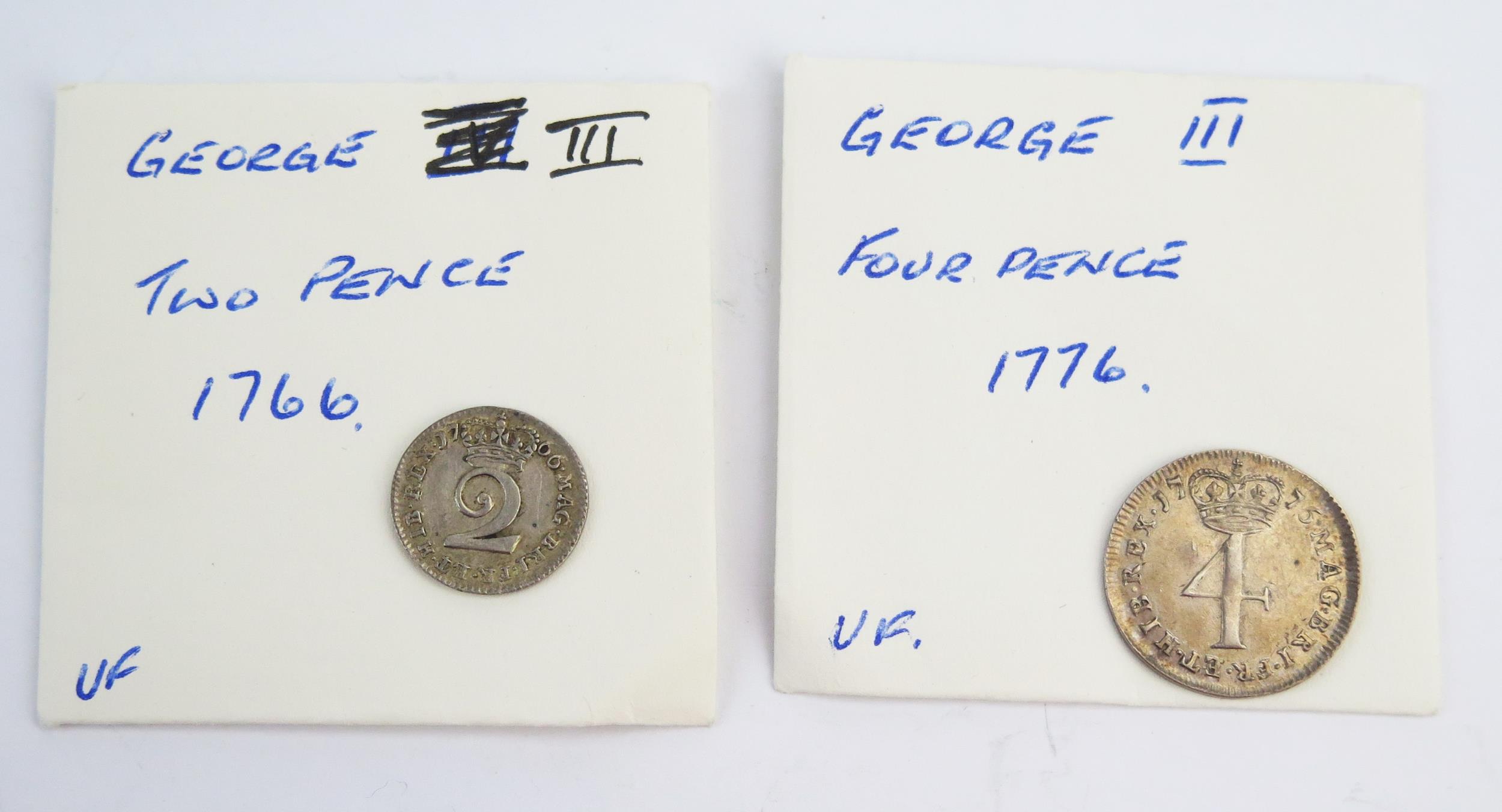 George III 1766 twopence and 1776 fourpence.