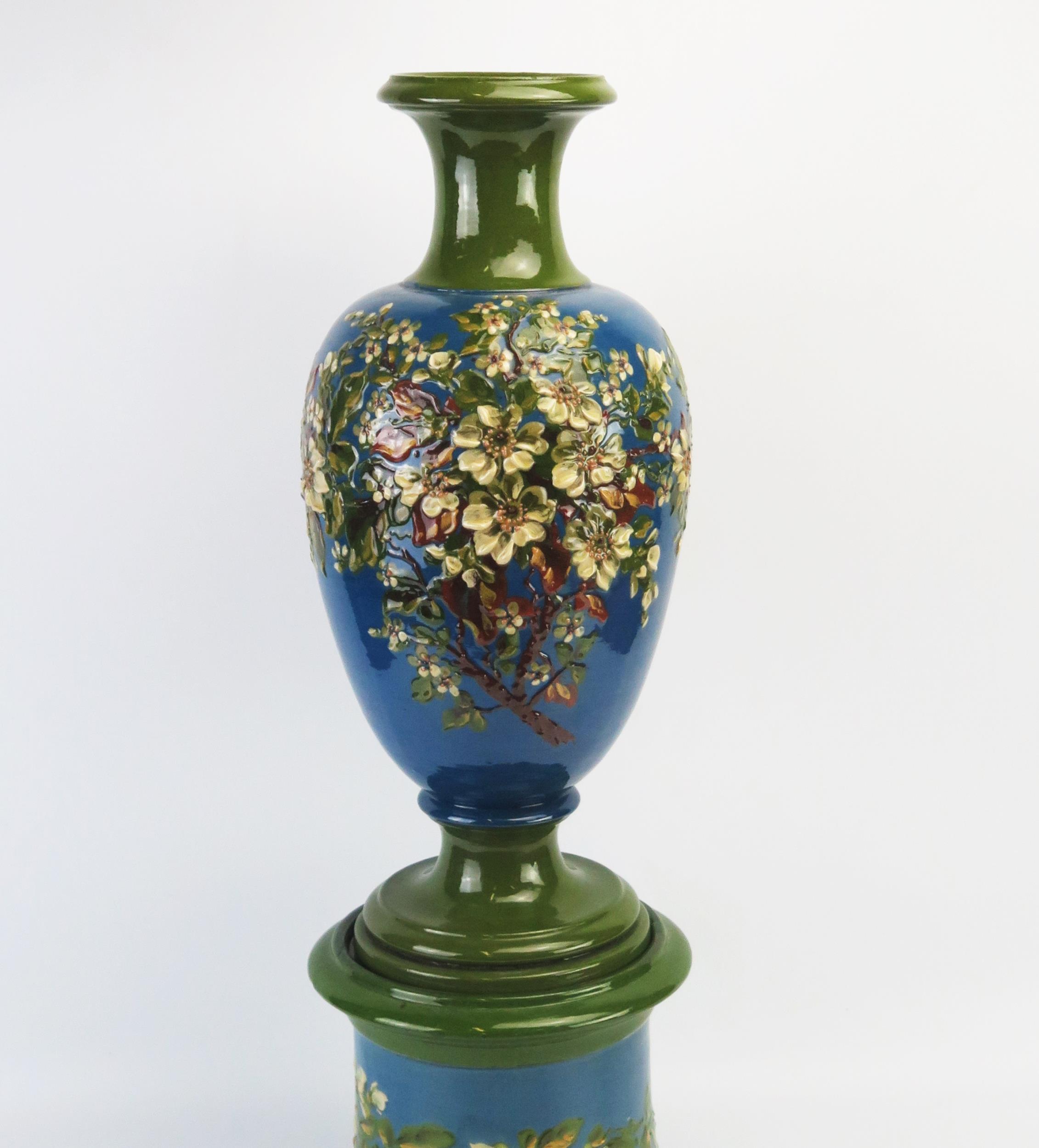 An Exeter Art Potteries barbotine vase and stand of ovoid form with low relief blossoming shrub - Image 3 of 3