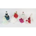 A collection of eight Royal Doulton and Coalport figurines including HN3208 Emma, HN2434 Fair