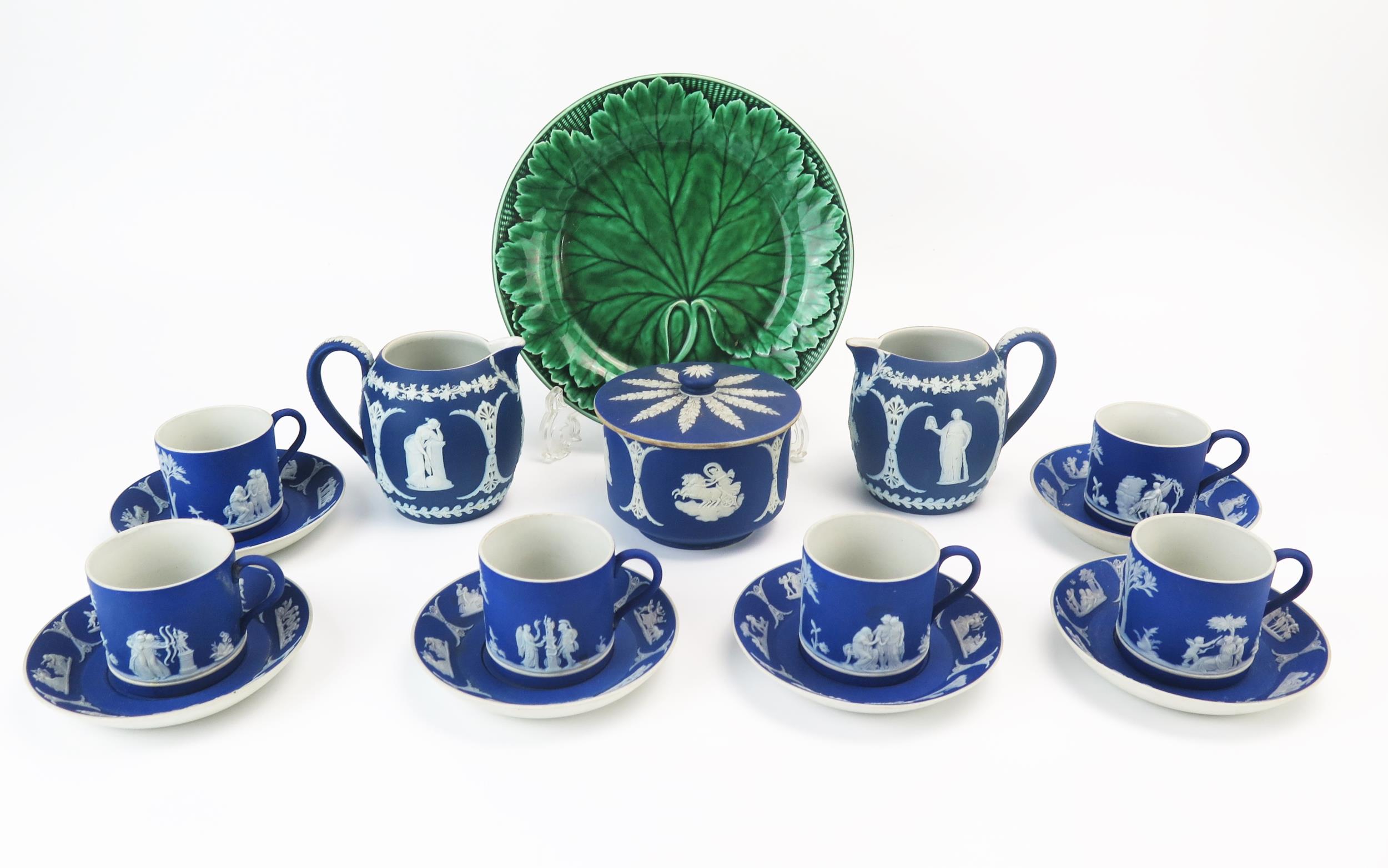 A Wedgwood jasperware part coffee service, including six cups, six saucers, two cream jugs a sugar