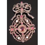 A Ruby, untested Pearl and Rose Cut Diamond Pendant with ribbon swag and foliate decoration and in a