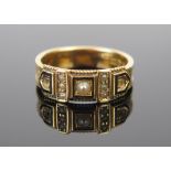 A Victorian 18ct Gold, Black Enamel and untested Pearl Ring, Chester 1899, H&S, size Q.75, 3.9g. Two