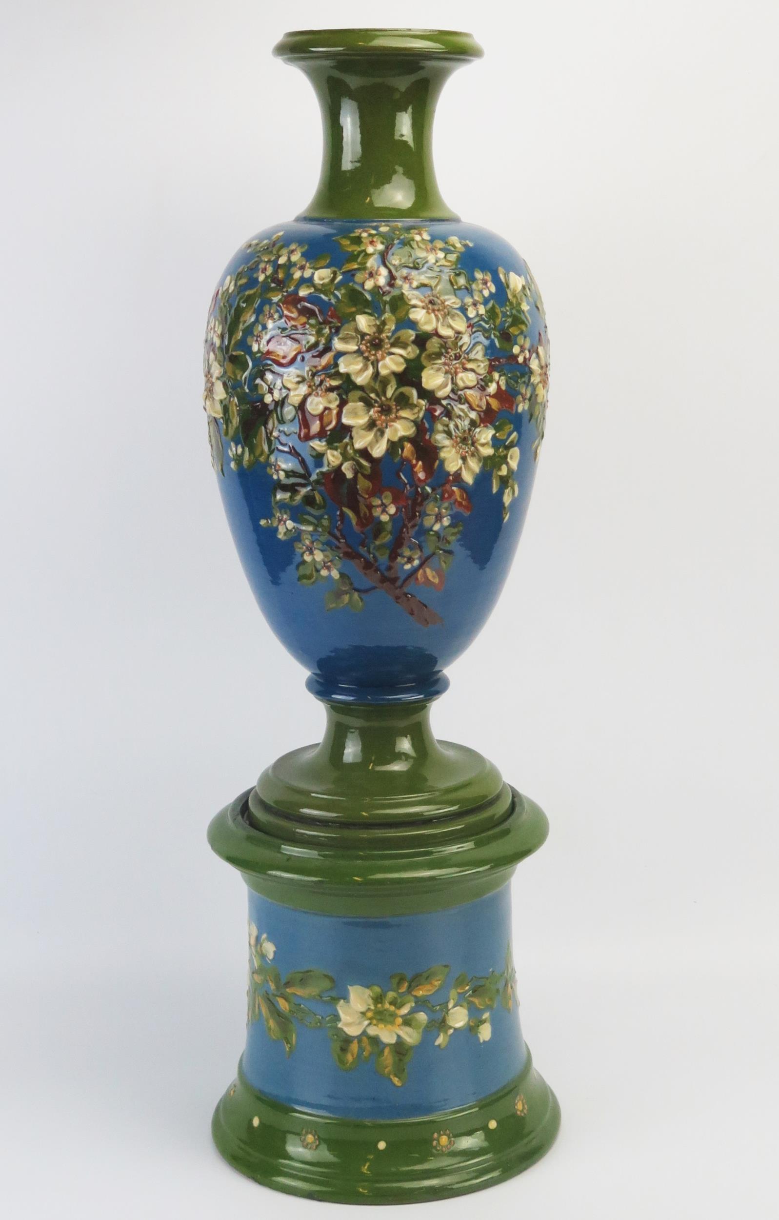 An Exeter Art Potteries barbotine vase and stand of ovoid form with low relief blossoming shrub - Image 2 of 3