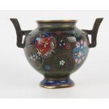 A Cloisonne enamel twin-handled vase, decorated with butterflies and flowerheads, raised on a