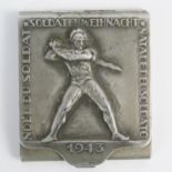 A World War II Christmas tin to hold a matchbook, entitled Noel Du Soldat, Soldaten Weihnacht,